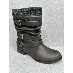 JustFab Nafise Gray Faux Leather Buckle Accent Knit Cuff Boots - Size 8.5